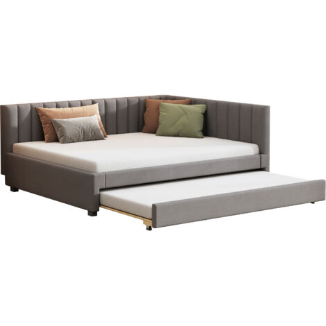 Lit avec rangement en tissu velours gris 140x200 cm, lit gigogne avec sommier à lattes inclus
