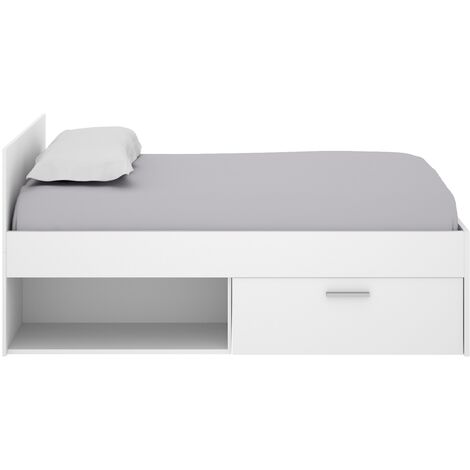 Lit avec rangement enfant 90 x 190 cm en mélamine coloris blanc avec un tiroir - Longueur 95.6 x Profondeur 195 x Hauteur 66.7 cm -PEGANE-