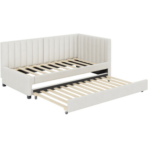 Lit avec rangement gigogne 90x200 cm en velours beige, sommier à lattes inclus