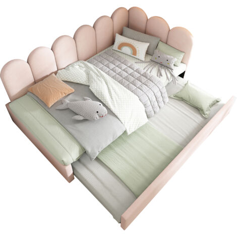 Lit avec rangement gigogne 90x200 cm en velours rose, sommier à lattes inclus, lit tiroir 90x190 cm
