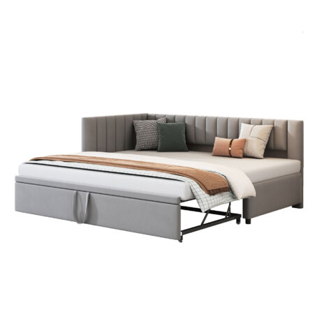 Lit avec rangement gigogne L en velours gris 90x200 cm extensible, sommier à lattes inclus