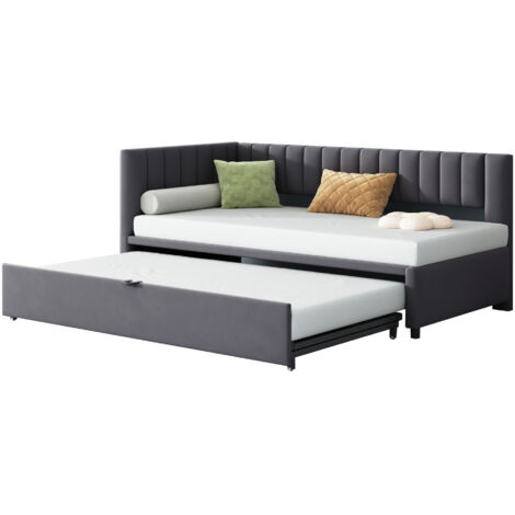 Lit avec rangement type canapé-lit en velours gris 90x200 cm, lit gigogne extensible, sommier à lattes inclus