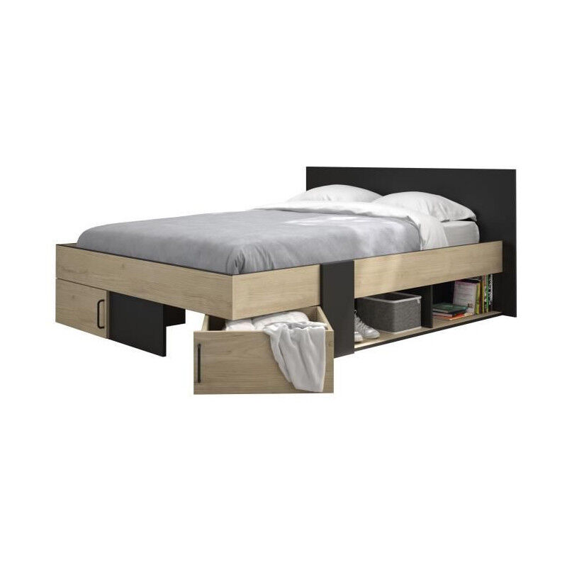 Diagone Lit adulte avec tiroirs de rangement - Chataignier et noir - 140 x 190 - swivel
