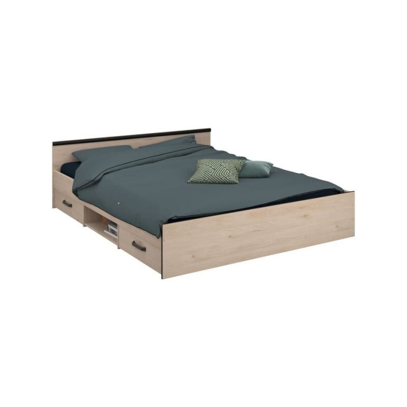 Vente-unique - zodiac Lit adulte avec rangements - 160x200 cm - Décor chene et noir