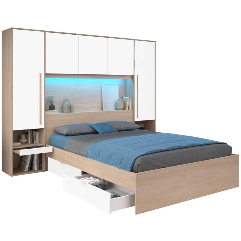 Vente-unique - Lit pont 160 x 200 cm avec rangements - avec LEDs - Coloris : Naturel et blanc brillant - velona