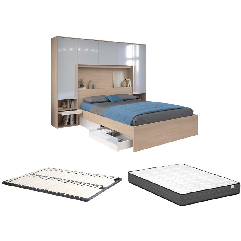 Lit pont 160 x 200 cm avec rangements - avec LEDs - Coloris : Naturel et blanc brillant + Sommier + Matelas - VELONA