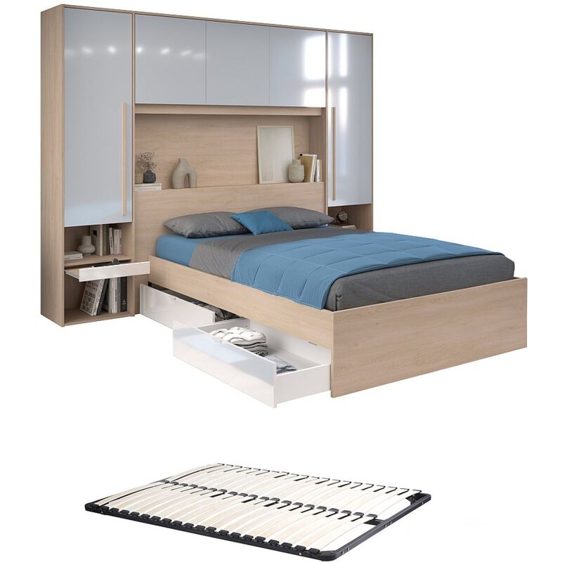Vente-Unique – Lit pont 140 x 190 cm avec rangements – 2 tiroirs et 9 étagères – LEDs intégrées – Panneau mélaminé blanc et naturel