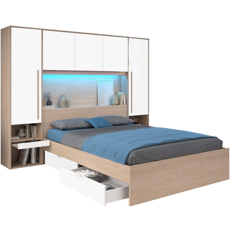 Vente-Unique – Lit pont 160 x 200 cm avec rangements – 2 tiroirs – 4 niches – LED multicolores avec télécommande – Panneau mélaminé éco-responsable