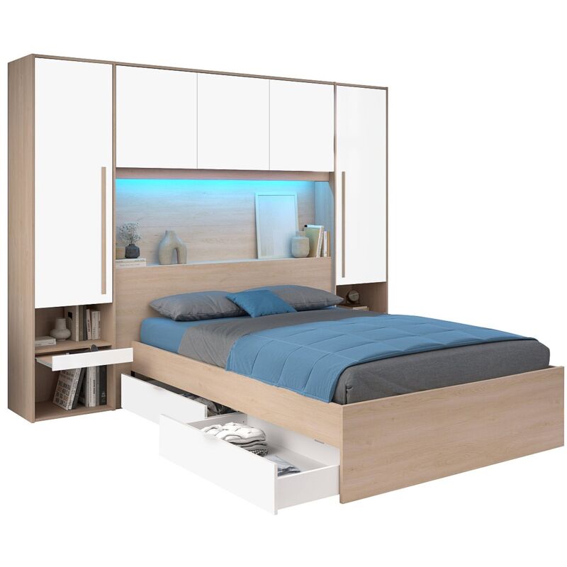 Vente-Unique – Lit pont 140 x 190 cm avec rangements – 2 tiroirs et 4 niches – Éclairage LED multicolore – Panneau mélaminé naturel et blanc brillant