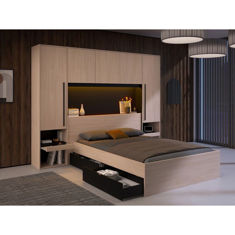 Vente-Unique – Lit pont 140 x 190 cm avec rangements – 2 tiroirs, 4 niches, tablette, étagère, penderie – Avec LEDs multicolores – Fabrication