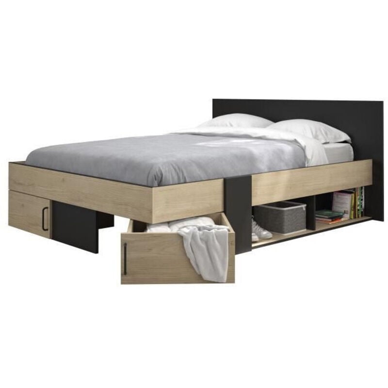 Calicosy - diagone Lit adulte avec tiroirs de rangement - Chataignier et noir - 160 x 200 - swivel