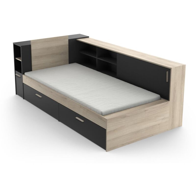 Lit modulable 90 x 190/200 cm avec rangements - Noir et naturel - liara