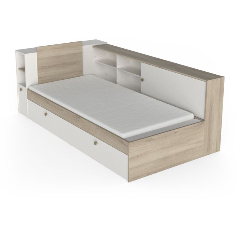 Calicosy - Lit enfant life 1 personne - 90X190/200 - Rangements - Décor Chene et blanc - demeyere - Fabriqué en France