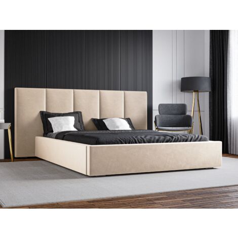 Lit avec sommier 140x200 Praga - Lit en velours, Lit double avec sommier à lattes - Beige (Magic Velvet 2201)