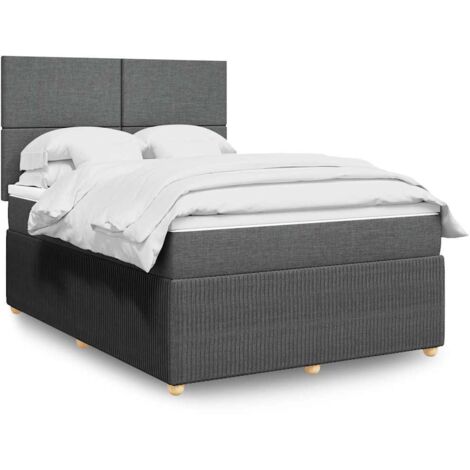 [Lit avec Sommier à Lattes et Matelas] Modèle 140x190cm - Matelas à Ressorts Ensachés - Tissu Gris Foncé - Tête de Lit Réglable - Inclut Surmatelas