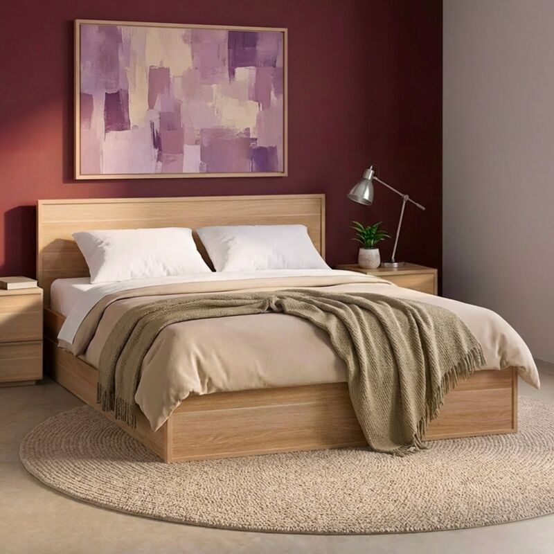 Lit avec sommier à lattes et tête de lit 140 x 190cm + 4 tiroirs décor bois naturel - Kuba