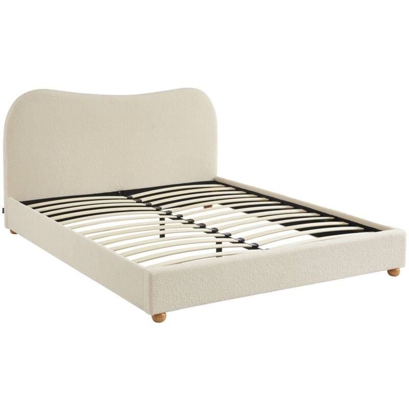 Sweeek - Lit avec sommier à lattes et tête de lit. blanc finition bouclette. L214.5 x P168 x H97cm