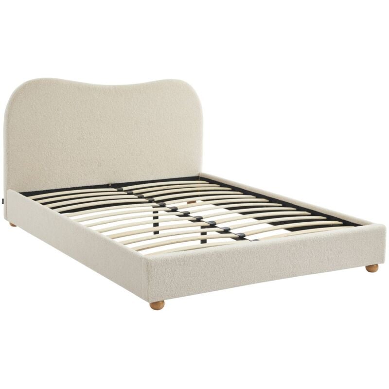 Sweeek - Lit avec sommier à lattes et tête de lit. blanc finition bouclette. L203 x P148 x H97cm