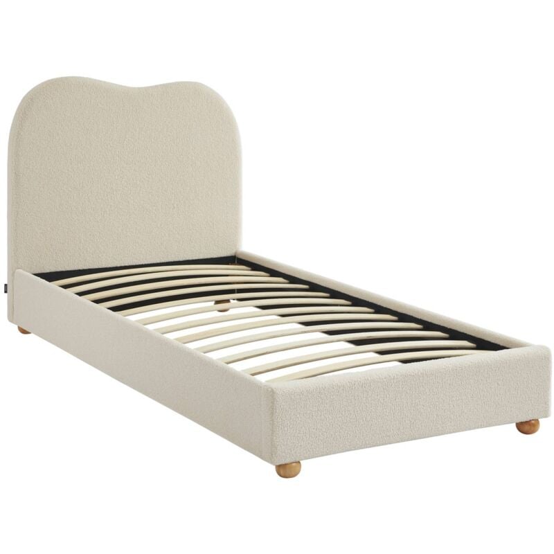 Sweeek - Lit avec sommier à lattes et tête de lit. blanc finition bouclette. L204 x P98 x H96.5cm