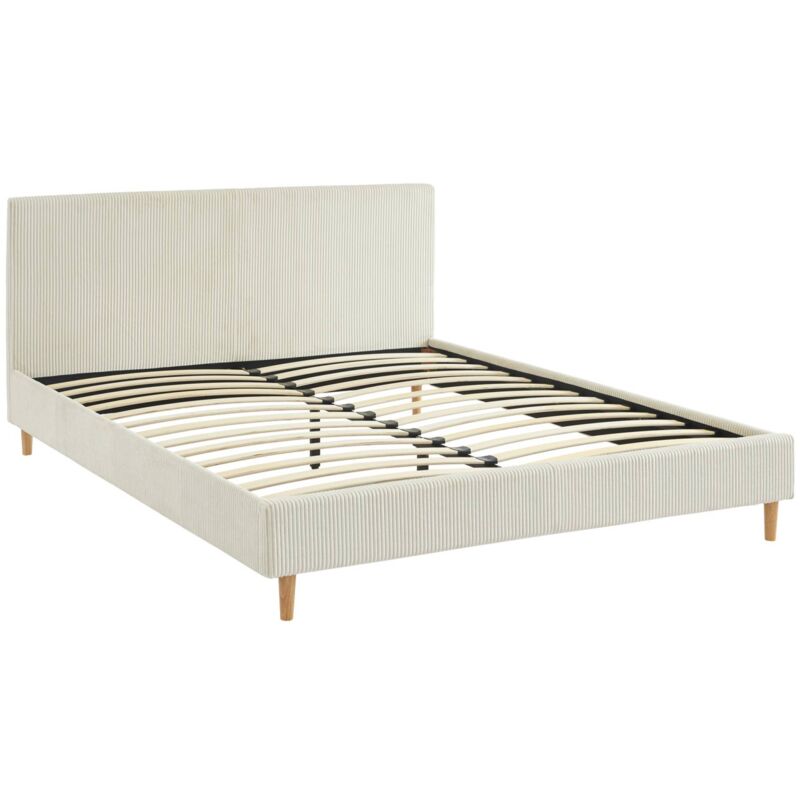 Sweeek - Lit avec sommier à lattes et tête de lit. l 211 x p 167.5 x h 89cm. blanc. finition velours côtelé (grosse côte)