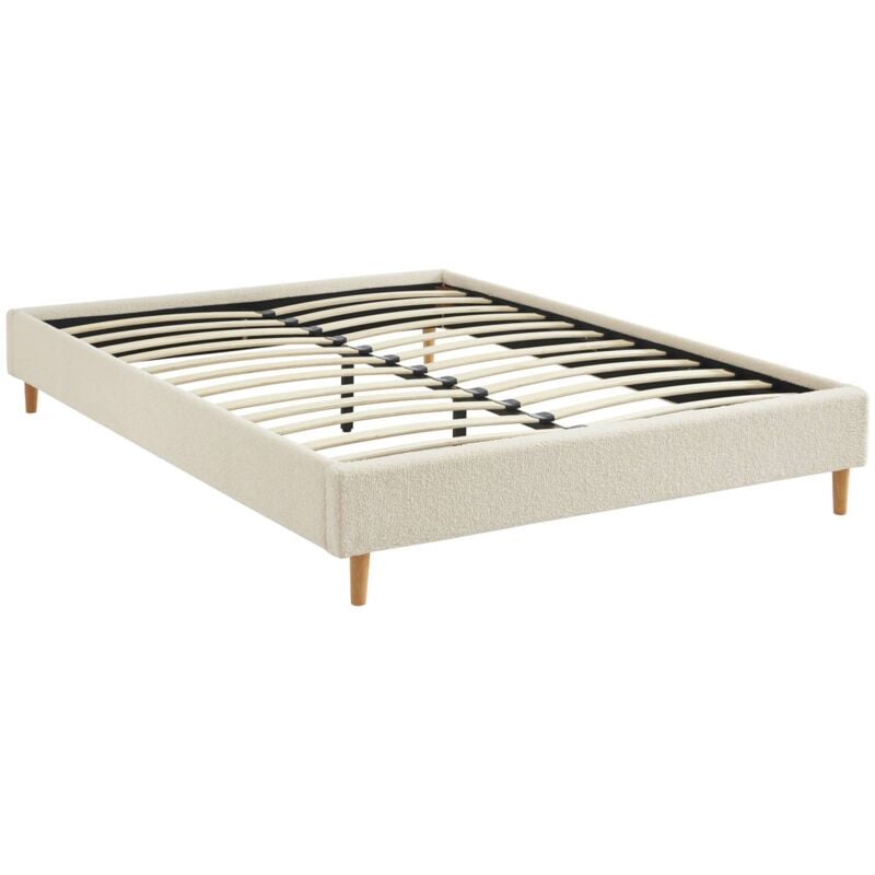 Lit avec sommier à lattes. finition bouclette. blanc. L 203 x P 148 x H 30cm