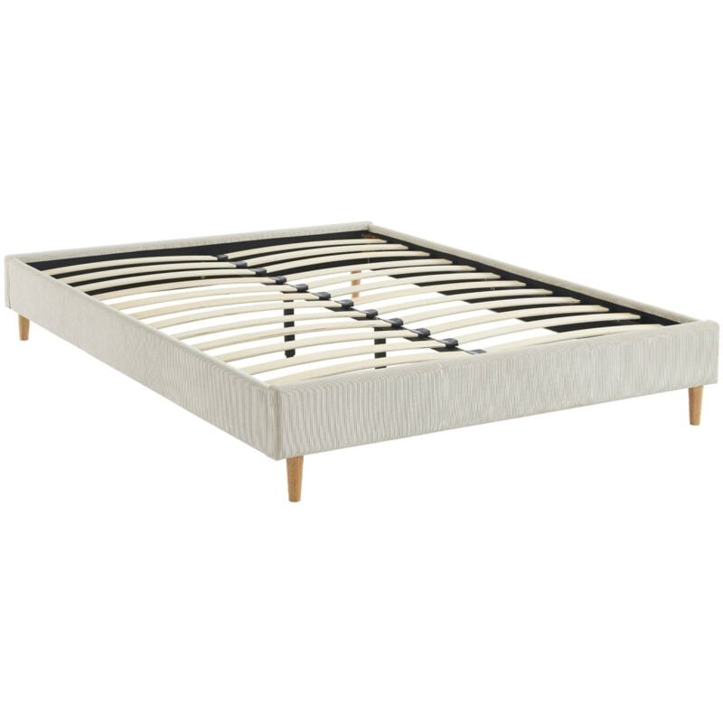 Lit avec sommier à lattes. l 203 x p 148 x h 30cm. blanc. finition velours côtelé (fine côte)