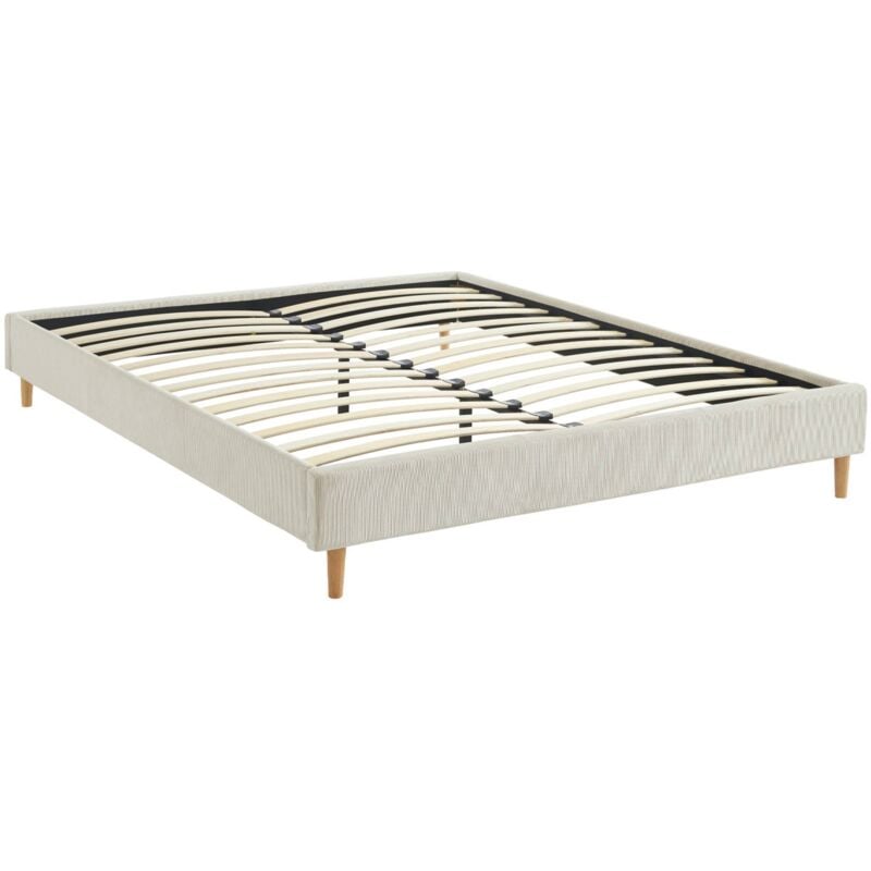 Sweeek - Lit avec sommier à lattes. l 213 x p 167.5 x h 30cm. blanc. finition velours côtelé (fine côte)