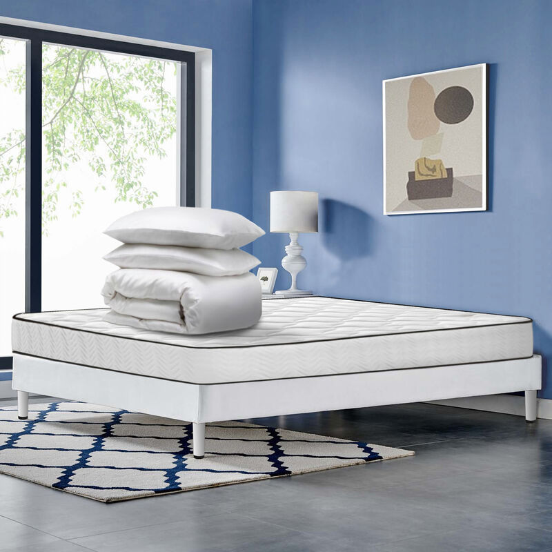 Lit 140x190 - Ensemble sommier et matelas 140x190 et Couette et 2 Oreillers - Matelas 140x190x15+Sommier tapissier+Couette 200x240+2 Oreillers 60x60
