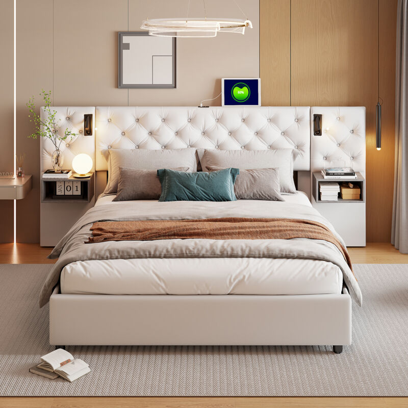 Rosahqnda - Lit avec tables de chevet, parure de lit complète, lit tapissé 160 x 200 cm avec liseuse et usb, lit double hydraulique, sommier coffre,