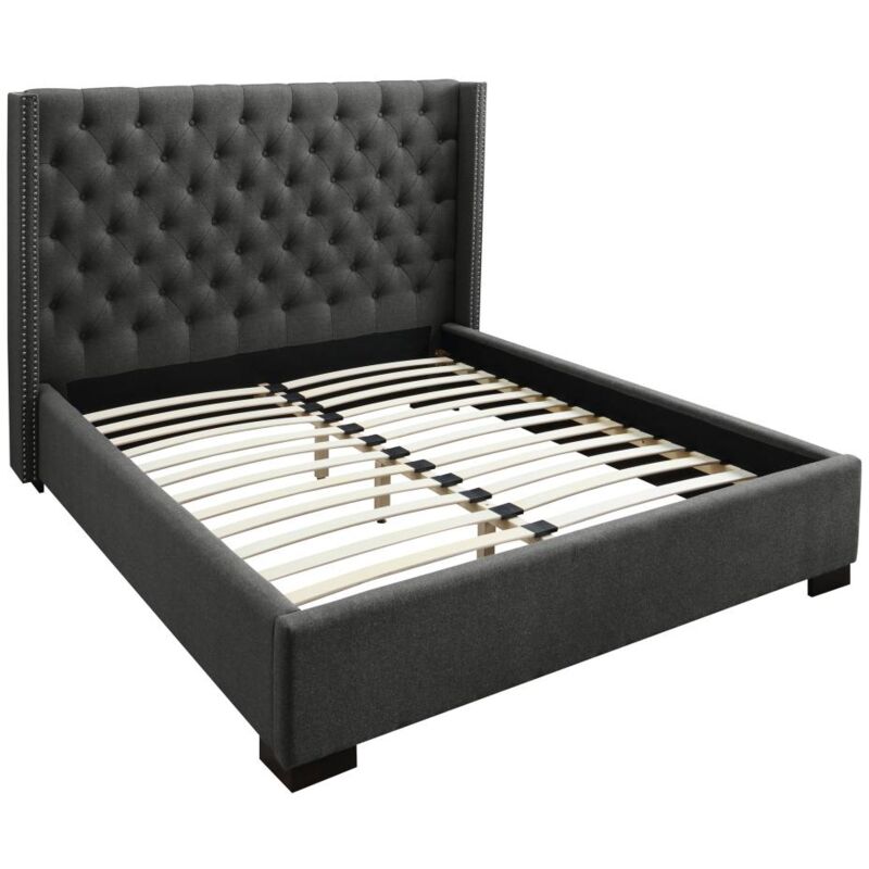 Vente-unique - Lit 140 x 200 cm avec tête de lit capitonnée - Tissu - Gris - massimo