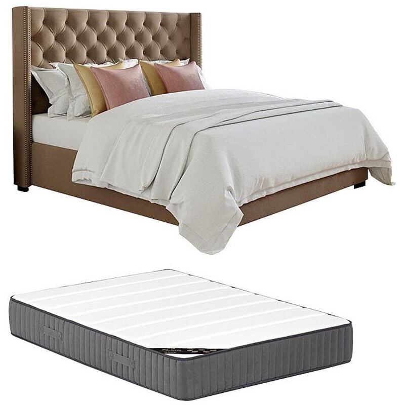 Lit 160 x 200 cm avec tête de lit capitonnée - Tissu - Beige + Matelas - massimo ii