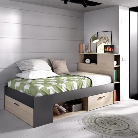 Lit avec tête de lit et rangements – 90 x 190 cm – Panneau mélaminé anthracite et naturel – 1 tiroir et 5 niches de rangement – Dekit