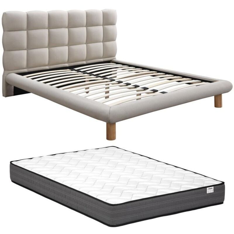 Vente-unique - Lit avec tête de lit matelassée 160 x 200 cm - Tissu - Beige + Matelas - fudali