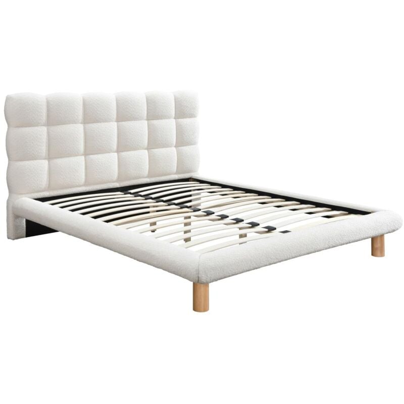 Vente-unique - Lit avec tête de lit matelassée 160 x 200 cm - Tissu bouclette - Blanc - fudali