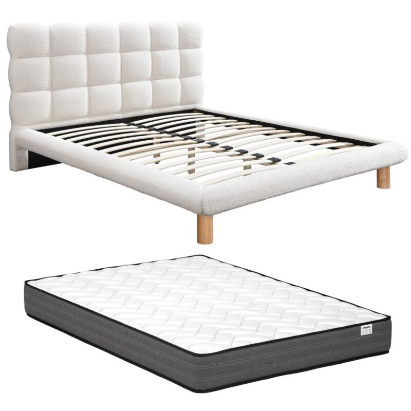 Lit avec tête de lit matelassée 160 x 200 cm - Tissu bouclette - Blanc + Matelas - fudali