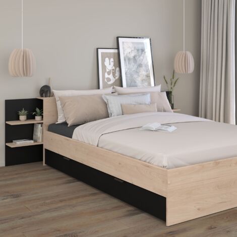 Lit avec tête de lit rangement et tiroir 140x190/200 bois naturel et noir
