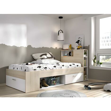 Lit avec tête de lit rangements et tiroir - 90 x 190 cm - Blanc et Naturel + Sommier - LEANDRE - Naturel clair, Blanc