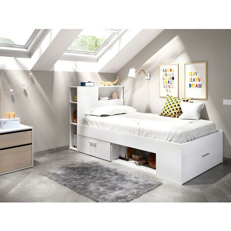 Lit avec tête de lit rangements et tiroir - 90 x 190 cm - Blanc + Sommier - LEANDRE - Blanc