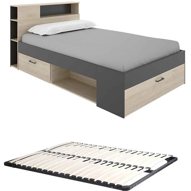 Lit avec tête de lit rangements et tiroirs - 120 x 190cm - Coloris : Naturel et anthracite + Sommier - leandre