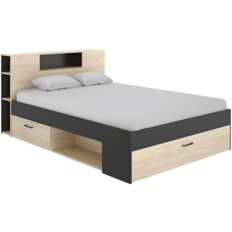 Lit avec tête de lit rangements et tiroirs - 140 x 190 cm - Coloris : Naturel et anthracite - LEANDRE
