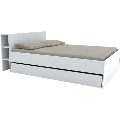 Lit avec tête de lit rangements et tiroirs 160 x 200 cm - Blanc - EUGENE - Blanc