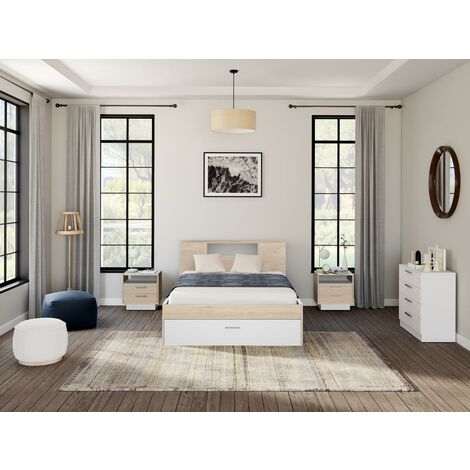 Lit avec tête de lit rangements et tiroirs - 160 x 200 cm - Coloris : Naturel et blanc + Chevets - LEANDRE - Naturel clair, Blanc