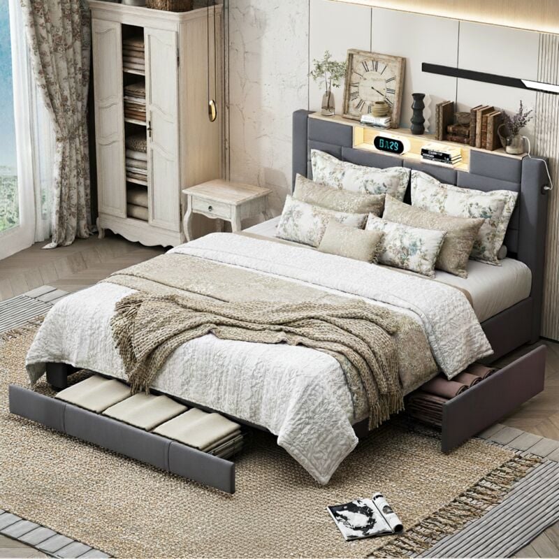 Lit avec tiroir 140x200cm, tissu velours, lit double avec 3 tiroirs, fonction chargement USB+type-C, tête de lit à panneaux rangement avec éclairage