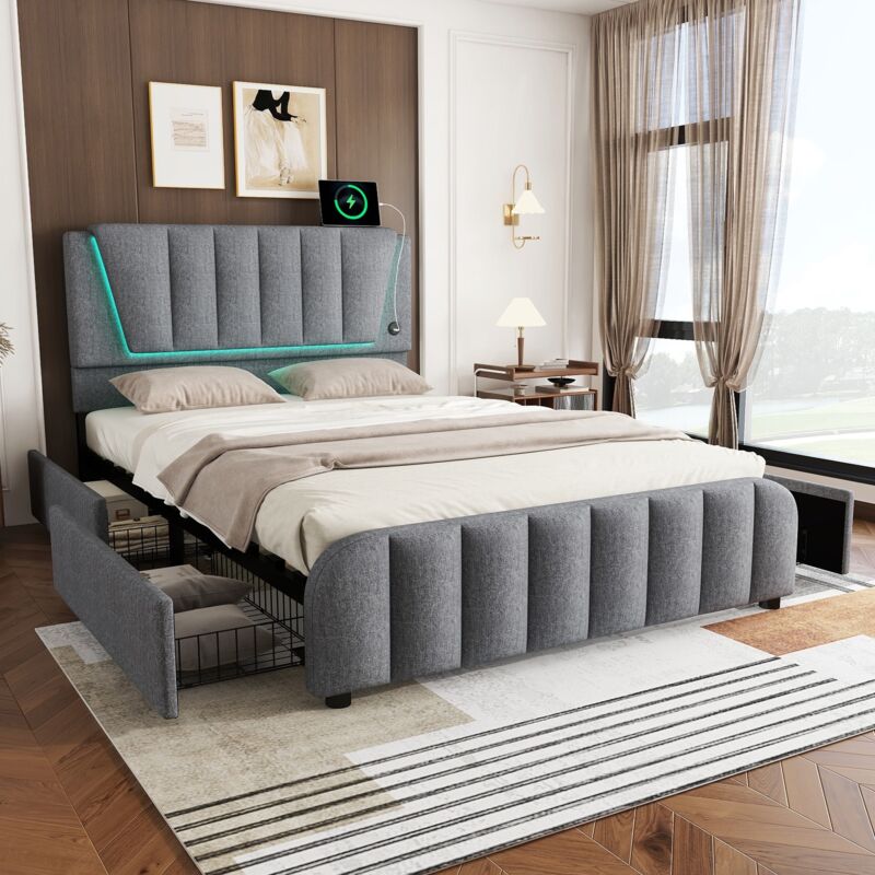 Lit avec tiroir 160x200cm - lin, Lit adulte avec 4 tiroirs et ête de lit réglable, éclairage led, lit avec sommier à lattes, Lit double capitonné