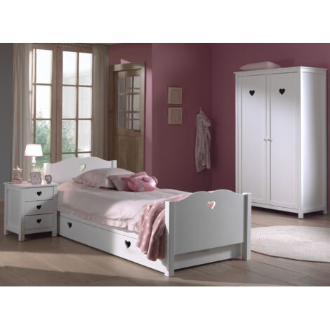 Lit avec tiroir + chevet + armoire 2 portes en pin blanc - AMORENA