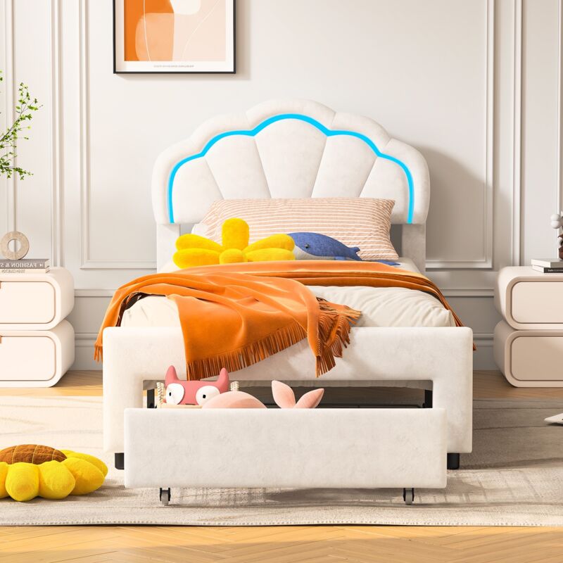 Lit avec tiroir de rangement 90x200 cm - Design Pétale pour enfant avec LED et sommier - Velours, Blanc