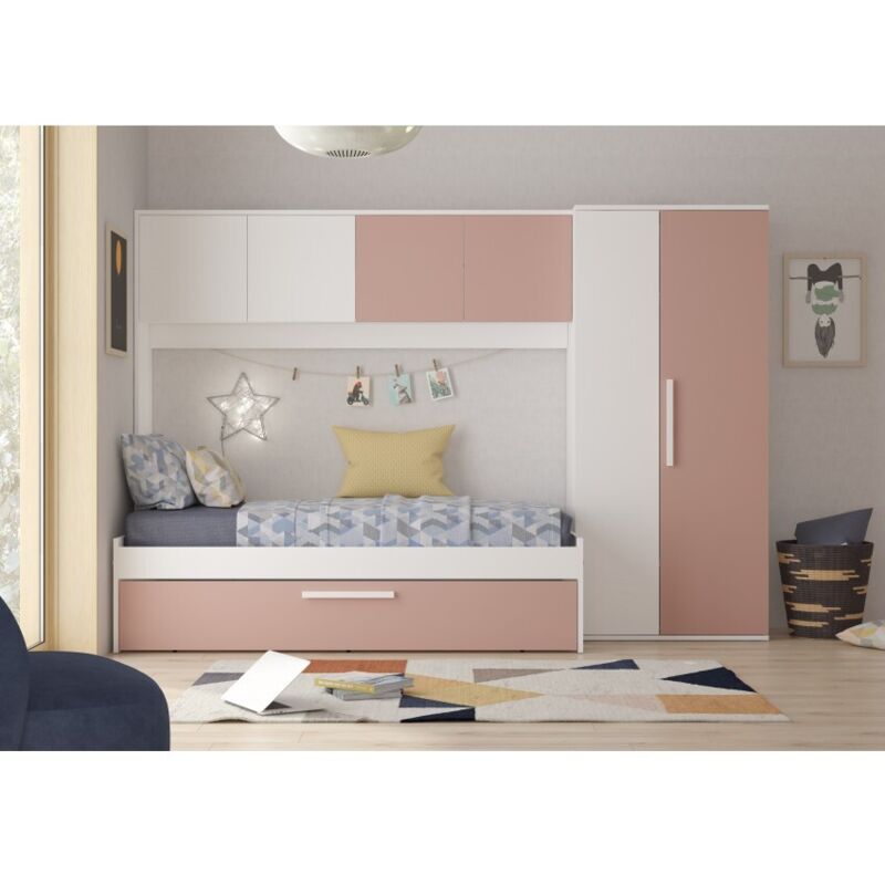Lit pont blanc et rose 298,4x96,5x203,3 cm avec armoire