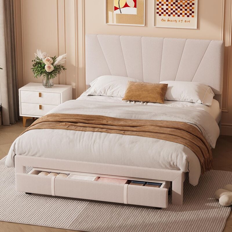 Lit 140x200 cm, avec grand tiroir au pied du lit, dossier capitonné, velours, style scandinave, sommier à lattes, structure métal - Beige