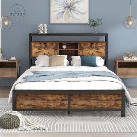 Lit avec tiroirs 140 x 200 cm – Tête de lit avec rangement – Structure métallique – Style industriel noir – Pour adolescents et adultes - NOIR 140 X