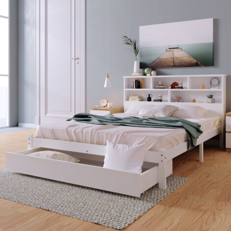 Lit avec Tiroirs 140×200 cm, Lit Double avec Tête de Lit Bibliothèque et 2 Tiroirs, sans Matelas, en Bois Massif, Blanc